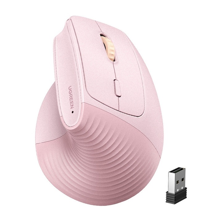Mouse wireless Ugreen M571, ergonomic, roz, 2.4GHz + Bluetooth, DPI 1000-4000, set complet