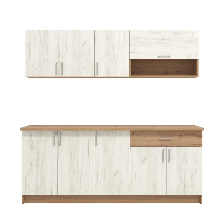 Set mobilă bucătărie Tamara, stejar alb + stejar artisan, 200x60cm, 9 uși, 1 sertar
