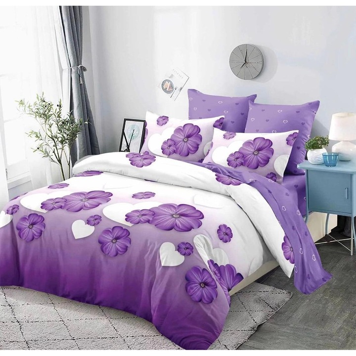 Lenjerie de pat dublu, Model Floral Primavara / Spring, Fara Elastic, 200 x 230, Bumbac 100%, SUPER DESIGN PUCIOASA, Imprimeu ca in poza, Mov / Alb