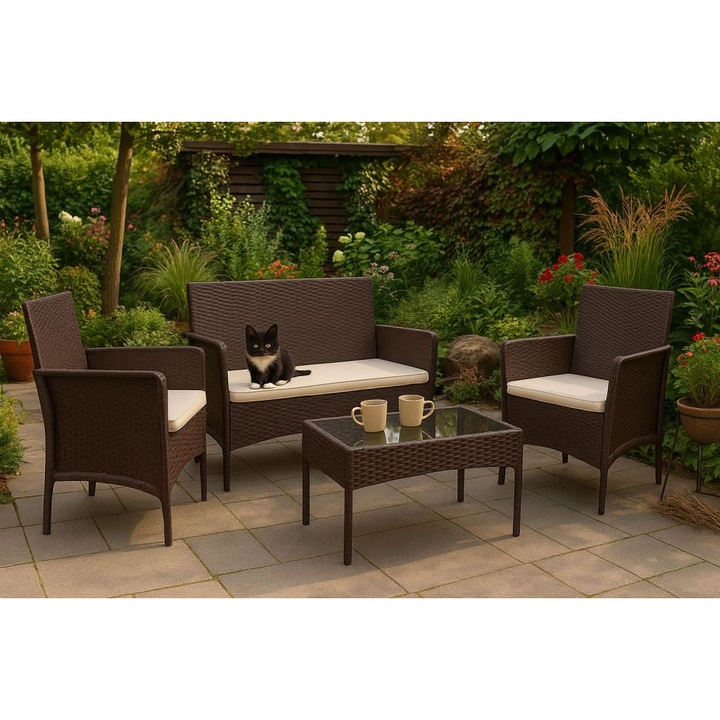 Set Mobilier Gradina Maxibuy.ro, Masa, Banca si 2 Fotolii, Metal/Textilen, Culoare Maro