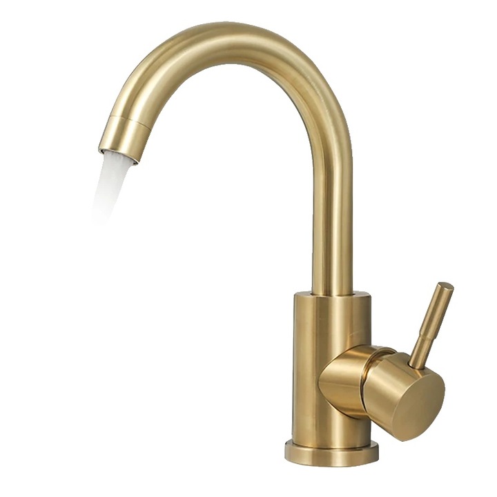 Baterie sanitara, Brushed Golden DW, din otel inoxidabil 304, montare pe blatul de chiuveta, cu un singur maner, apa calda si rece