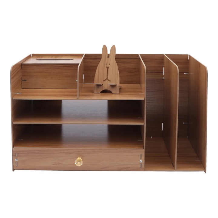 Organizator de birou cu 4 etaje, raft pentru hartie A4, cutie depozitare documente birou acasa scoala, lemn 48x23x28 cm, finisaj lemn cires