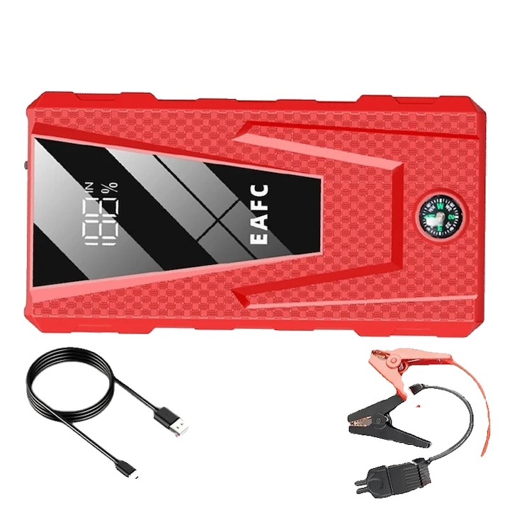 Redresor auto, 1200A, incarcare USB, rosu, 8000-10000 mAh
