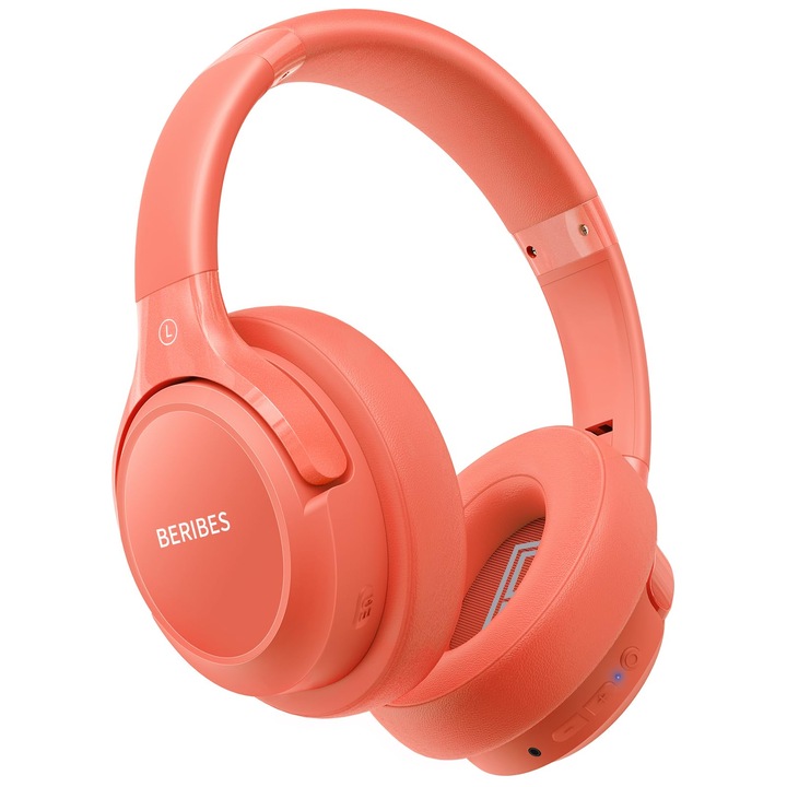 Casti Bluetooth Over-Ear BERIBES® Wireless cu Autonomie de pana la 65 Ore, 6 Moduri EQ, Sunet HiFi Stereo, Bass Profund, Microfon Incorporat, Bluetooth 5.3, Pliabile, Compatibile cu Telefon, iPad, Laptop, PC, Portocaliu