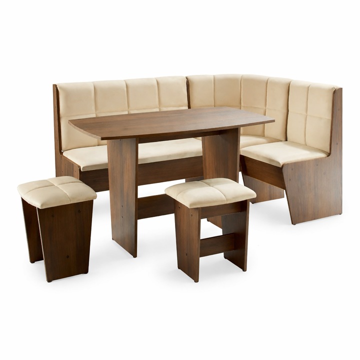 Set Coltar Bucatarie cu Lada, 2 Tabureti si Masa, Gri Catania + Bej, 3 Locuri + Masa 4 Persoane