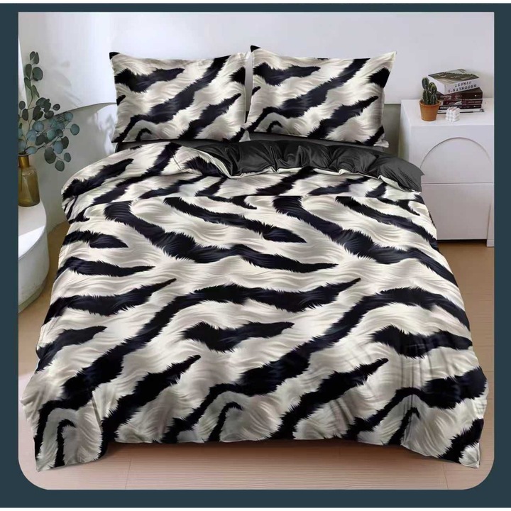 Set Lenjerie de pat dublu cu Elastic, Bumbac Satinat, Pucioasa, 4 piese, Cearceaf de pat 180x200 cm, Cearceaf Pilota cu doua fete 200x230 cm, 2 Fete de perna 55x75 cm, Zebra, Crem/Negru BSE-125