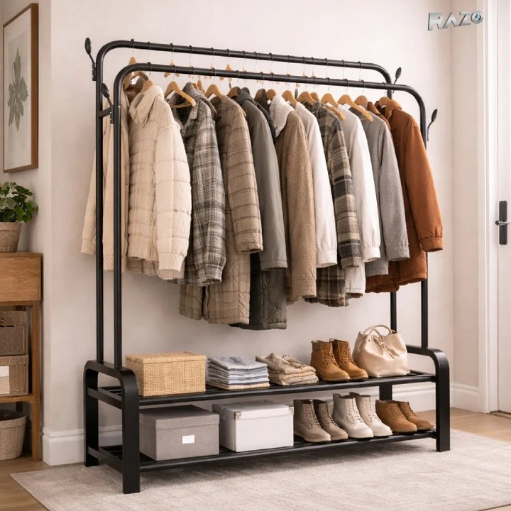 Suport metalic dublu pentru haine RAZO, 2 bare, 2 rafturi, Capacitate 48 kg, 110x57x150 cm, Negru