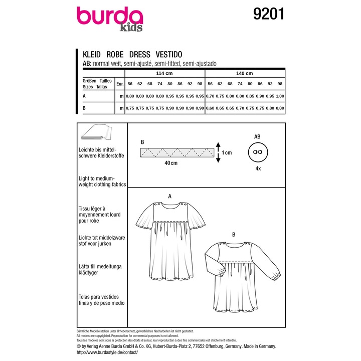 Burda Style 9201 többméretű gyerekruha szabásminta, méretek: 56-98