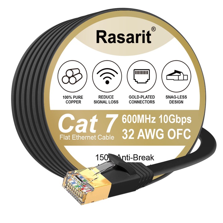 Ethernet Cat 7 kábel Rasarit 1m, 10Gbps, 600MHz, Lapos, Fekete