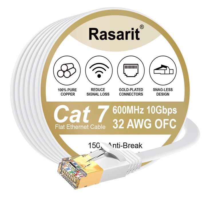 Rasarit Cat 7 Ethernet kábel, 1m, 10Gbps, fehér, lapos kivitel