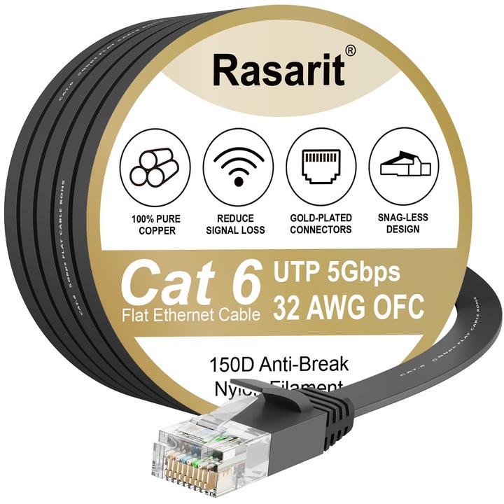 Cablu Ethernet Cat 6 Plat Rasarit, 2m, 5Gbps, 250MHz, Negru