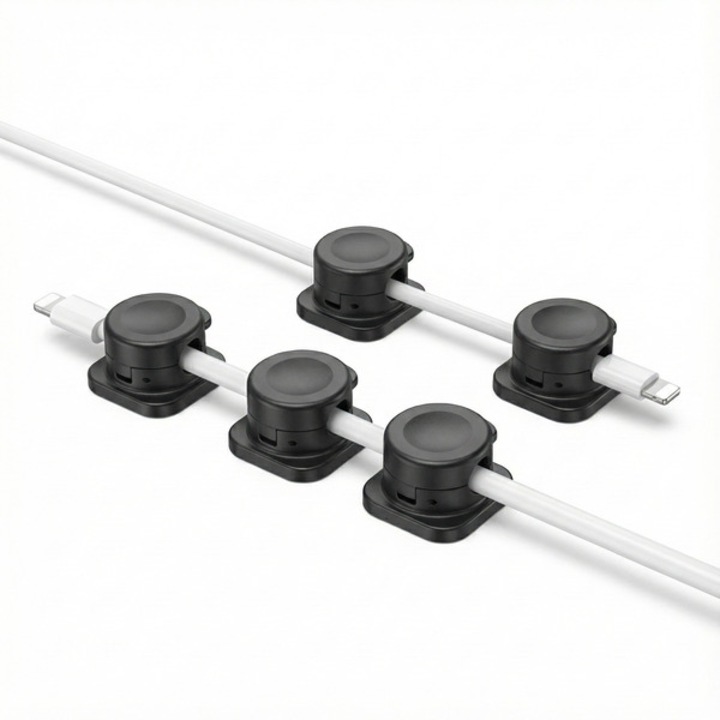 Organizator cabluri, magnetic, cu adeziv, tine cablurile fixate in siguranta, se lipeste de lemn, metal si sticla, nu lasa urme, ideal pentru birouri, masini si locuinte, pachet 12 bucati - CABLIP negru HOME & MARKER®