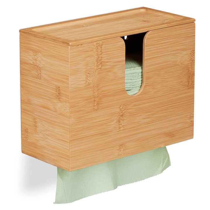Cutie pentru prosoape de hartie Relaxdays, 27 x 13 x 21 cm, Cu capac, Bambus, Natur