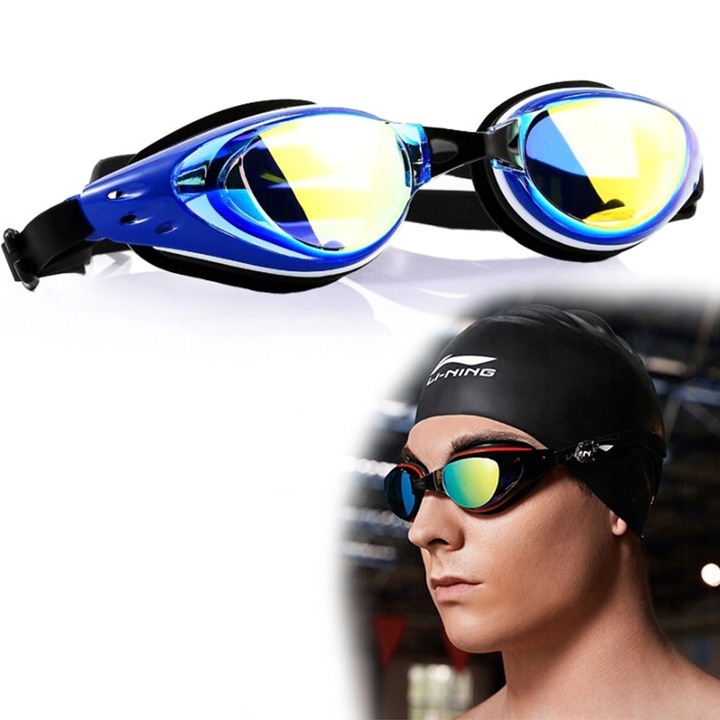 Ochelari de inot anti-aburire pentru piscina, reglaj lateral, 3 punti nazale, dopuri de urechi incluse, etui cu carlig