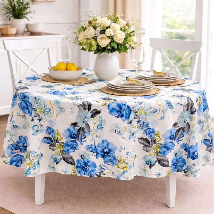 Teflonos kerek asztalterítő, átmérő 160 cm, Különleges ágyneműk, Kék virágok