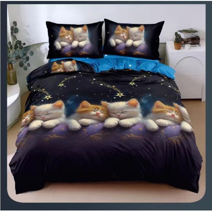 Set Lenjerie de pat dublu cu Elastic, Bumbac Satinat, Pucioasa, 4 piese, Cearceaf de pat 180x200 cm, Cearceaf Pilota cu doua fete 200x230 cm, 2 Fete de perna 55x75 cm, Pisicute, Albastru/Negru, BSE-127