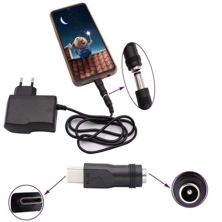 Adaptor Jack USB-C la DC 5.5x2.1mm SkyTechs, conector alimentare pentru MacBook, negru