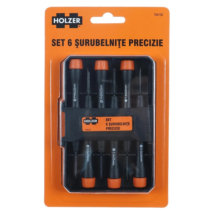 Set 6 șurubelnițe precizie, Holzer, tije metalice, manere bimaterial