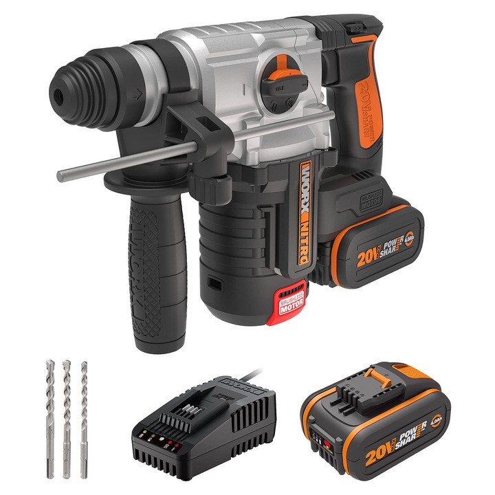 Masina de gaurit WORX WX380 cu acumulator 20V, motor fara perii, 2 baterii 4Ah, incarcator rapid