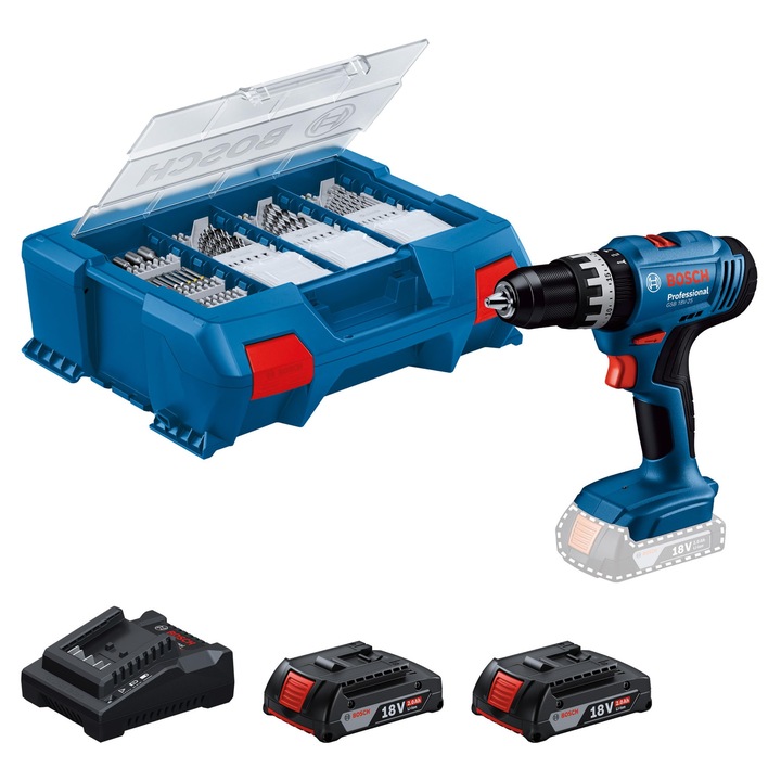 Masina de gaurit cu percutie Bosch Professional 18V, 2 acumulatori, set de accesorii 63 piese, 17, 72x15, 75x5, 91cm