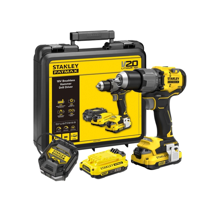 Masina de gaurit combinata cu acumulator Stanley FatMax, cu motor fara perii, cuplu 80 Nm, 18V, set 2 baterii