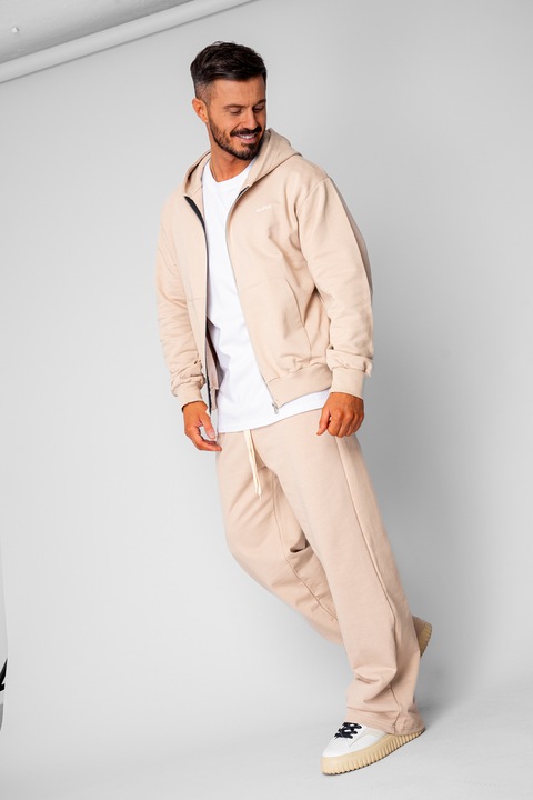 Set hanorac cu fermoar si pantalon drept din 100% Bumbac Beige 20602, Bej