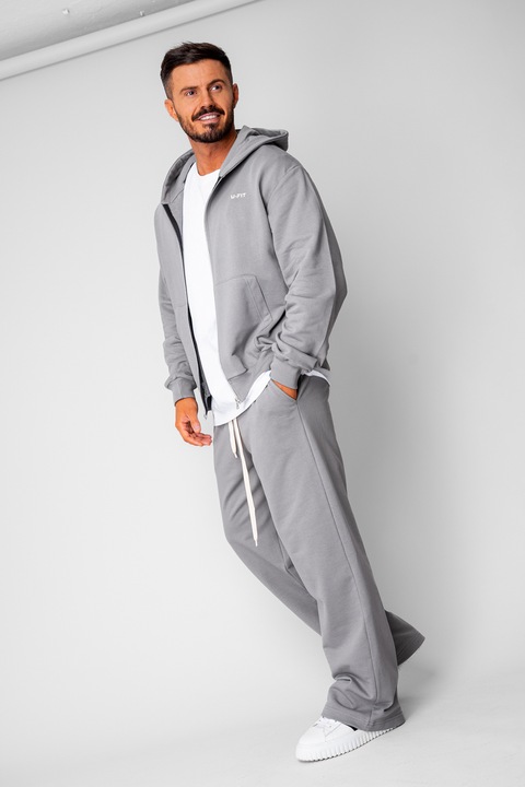 Set hanorac cu fermoar si pantalon drept din 100% Bumbac Grey 20607, Gri