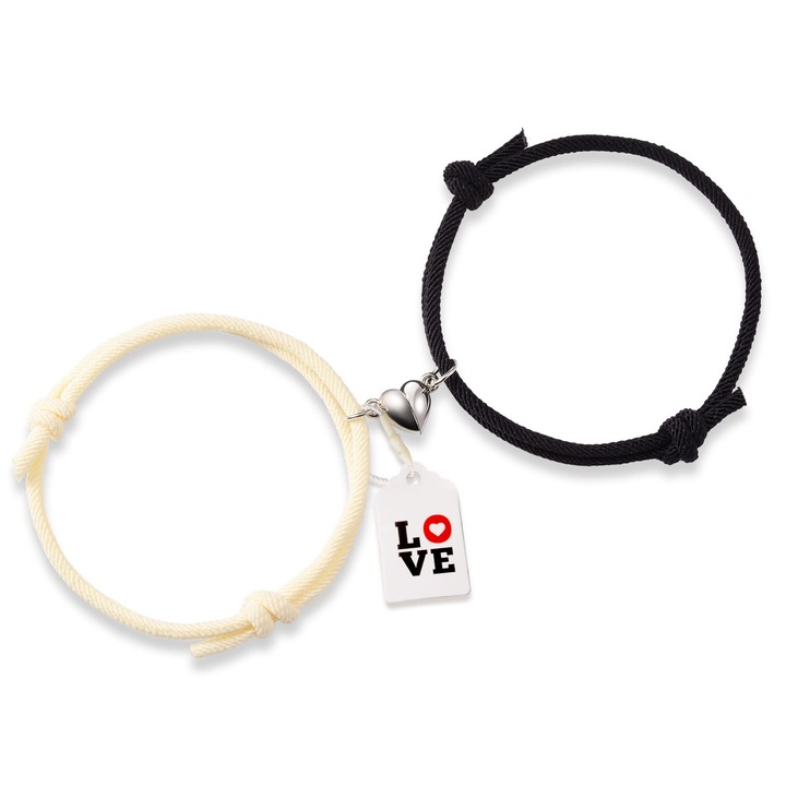 Set brățări cuplu QianSiLi magnetice, formă de inimă, ajustabile, textil