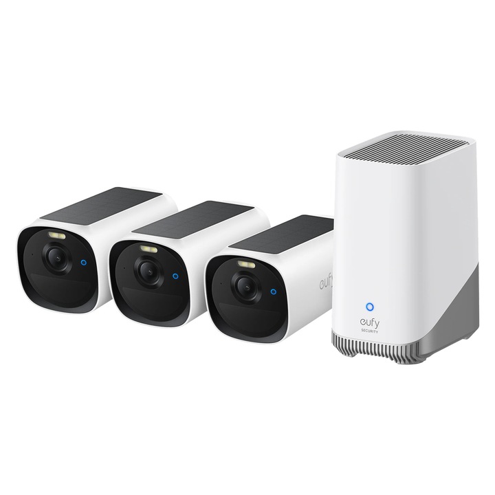 Kit supraveghere video eufyCam E40, 2K HD, Incarcare solara, MaxColour Vision, Homebase 3 + 3 camere video