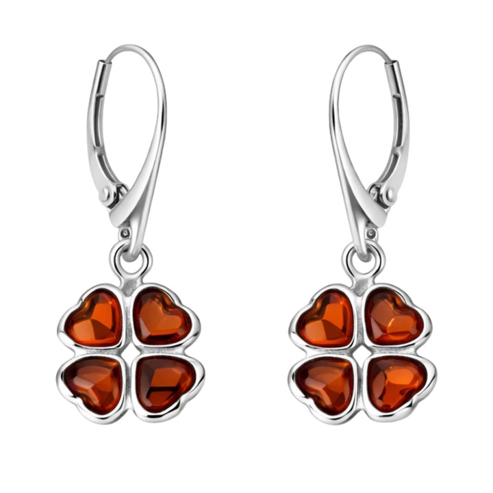 Cercei Argint 925 cu Chihlimbar Trifoi, 11mm x 28mm, Greutate 2.2g, Cutie Cadou