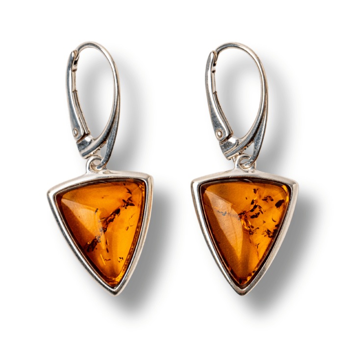 Cercei Argint 925 cu Chihlimbar Natural Triunghi, Auriu-Ambre, 3.5 cm