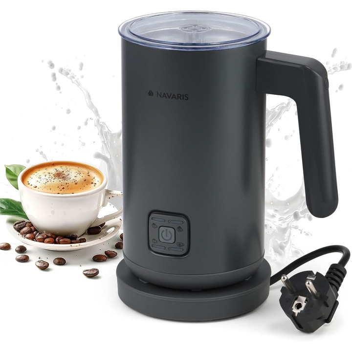 Aparat pentru spumarea laptelui Navaris, incalzitor si spumator electric, 500 W, capacitate 300 ml, 5 moduri spuma/incalzire, interior antiaderent, oprire automata, baza detasabila, Negru