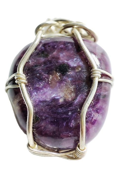 Pandantiv argint 925 charoite natural mov, 3 cm, tehnica wires-wrapping