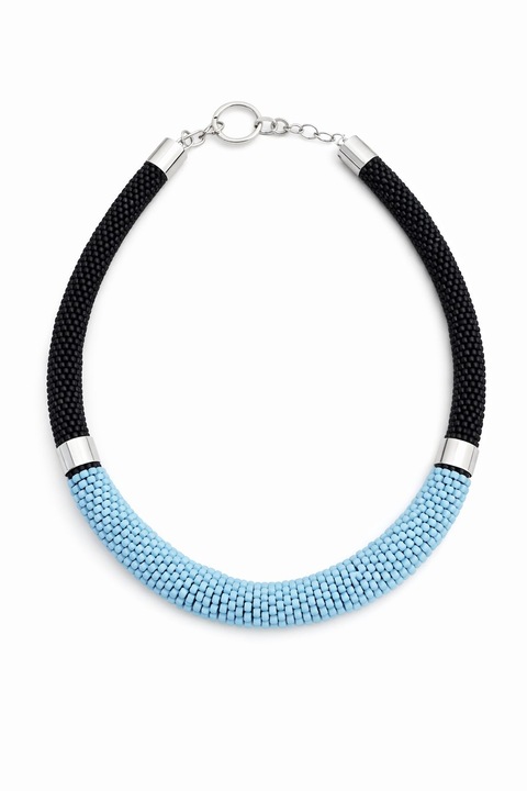 Colier Stella Aqua, Handmade, realizat cu margele toho si accesorii placate cu Argint, Negru si Aqua, Alma’s Boutique, lungime colier 54 cm