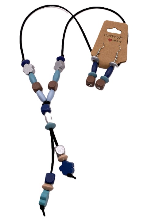 Set colier si cercei, multicolor, 41cm, margele din lemn