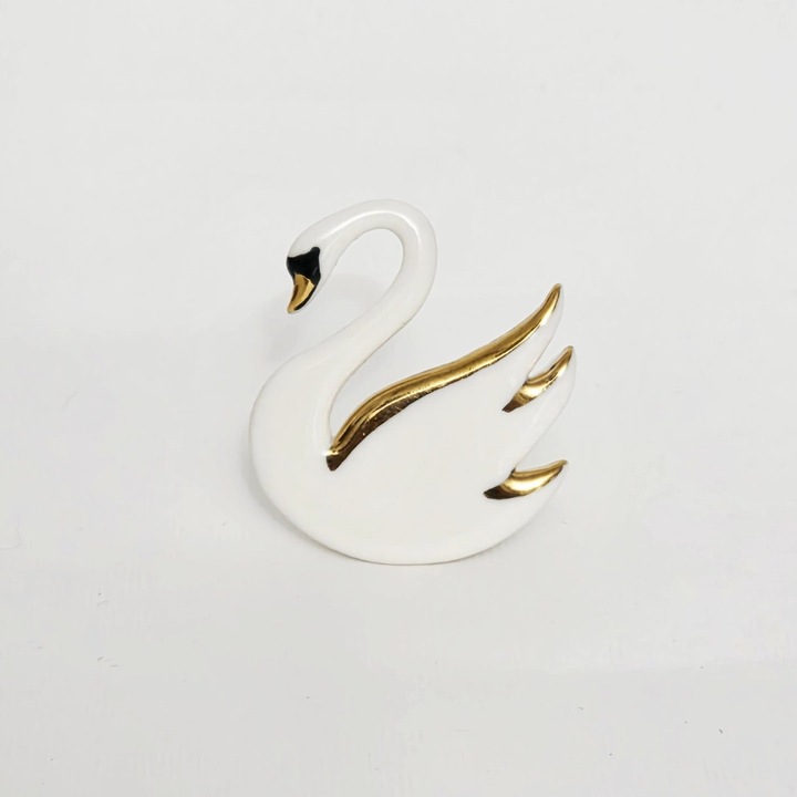 Brosa din portelan, Lebada Alba, detalii din aur coloidal, alb-translucid, 4.0x4.4cm