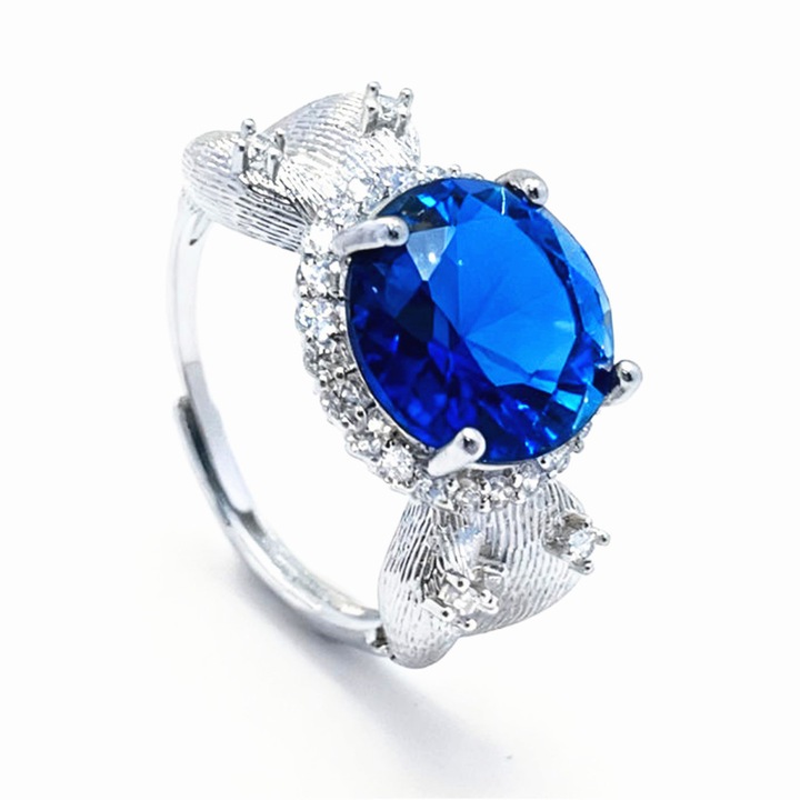 Inel argint S925 cu acvamarin și zircon, deschidere reglabilă, unisex, aur alb