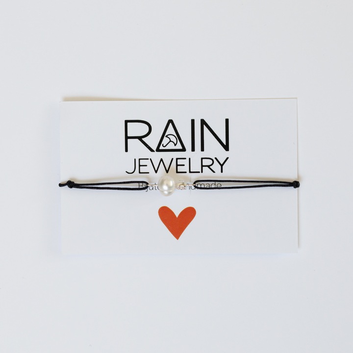 Bratara, Rain Jewelry, textil negru, argint 925, perla de cultura, handmade