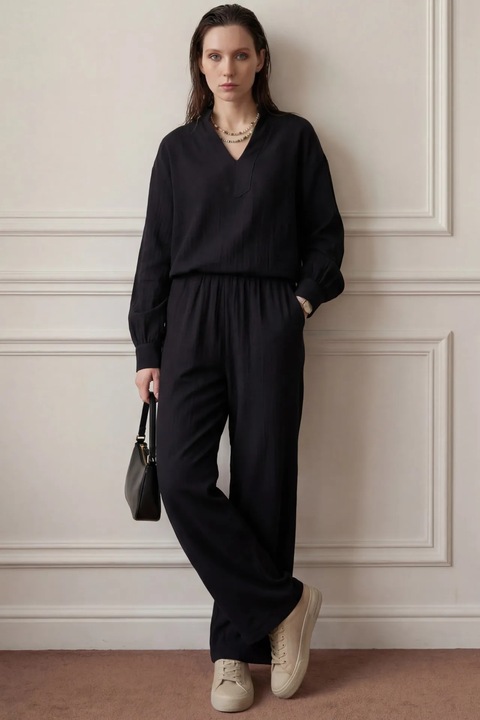 Costum dama, MyFashion, bluza cu decolteu in V, pantaloni largi, negru, bumbac