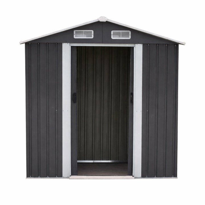 Magazie de gradina, realizata din otel galvanizat si tabla de otel vopsita, 2 usi glisante, 4 guri de ventilatie pentru circulatia aerului, 249 x 185 x 194 cm