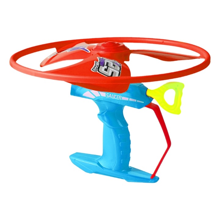 Pistol Lansator de Elice Aerodinamica, Joc de Exterior High-Speed Flying Disc, Mecanism de Lansare cu Sfoara, Include Disc Flexibil, Jucarie Interactiva de Actiune, Albastru/Rosu