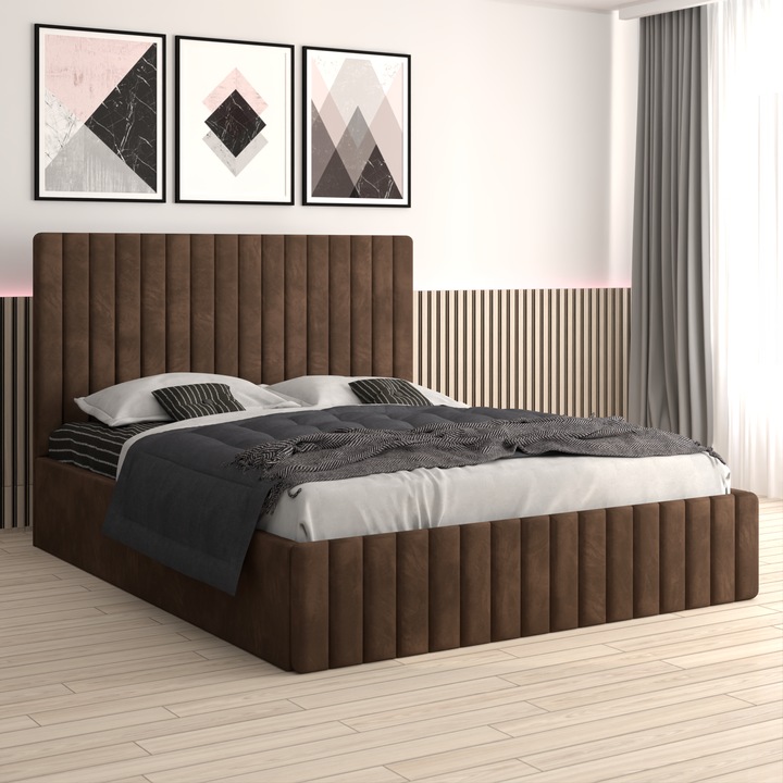 Pat tapitat Melania, maro, 160x200 cm, suport saltea din pal, tapiterie din catifea