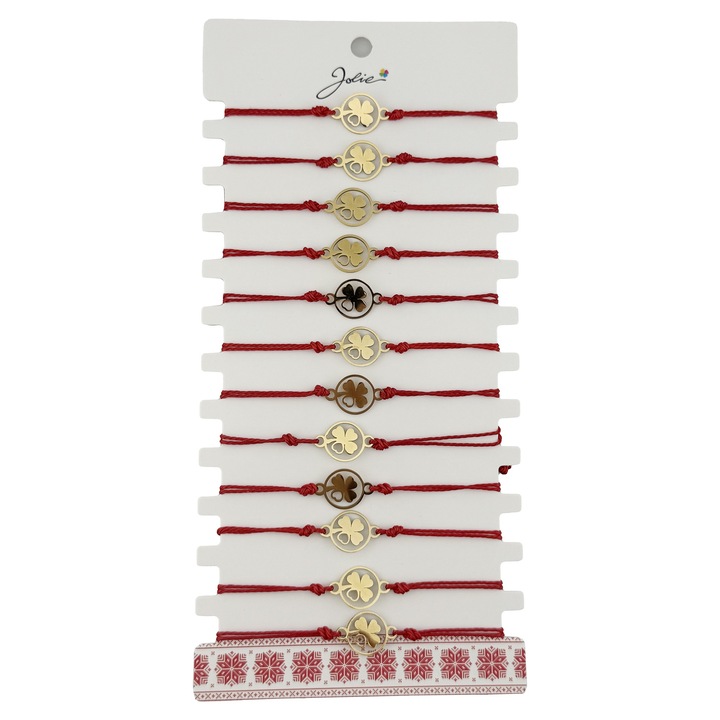 Bratara Martisor pentru Dama, Jolie, Model Trifoi cu Inima pe Petala, Set 12 bucati, Pandativ Auriu din Inox cu Snur Rosu Ajustabil