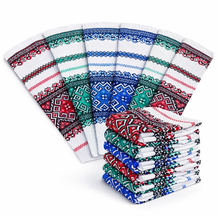 Set 6 Prosoape de bucatarie, NEVERMORE, 40 x 60 cm, Bumbac, Model traditional romanesc, tesatura tip fagure, Multicolor