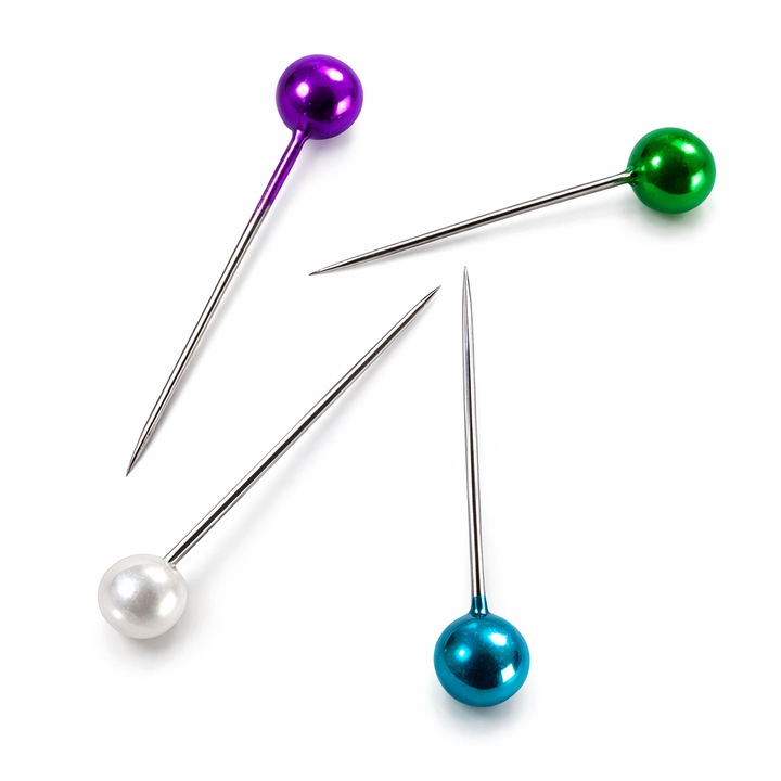 5 doboz Norma gombostű készlet, 28 mm-es, varró- és szabótűk, textilrögzítő tűk, fém tűk színes fejjel, 100 db/doboz