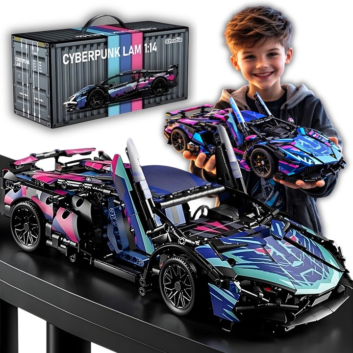 Set cuburi de constructie masina Lamborghini Cyberpunk, scara 1:14, 1314 piese, model auto de construit, plastic, 14+