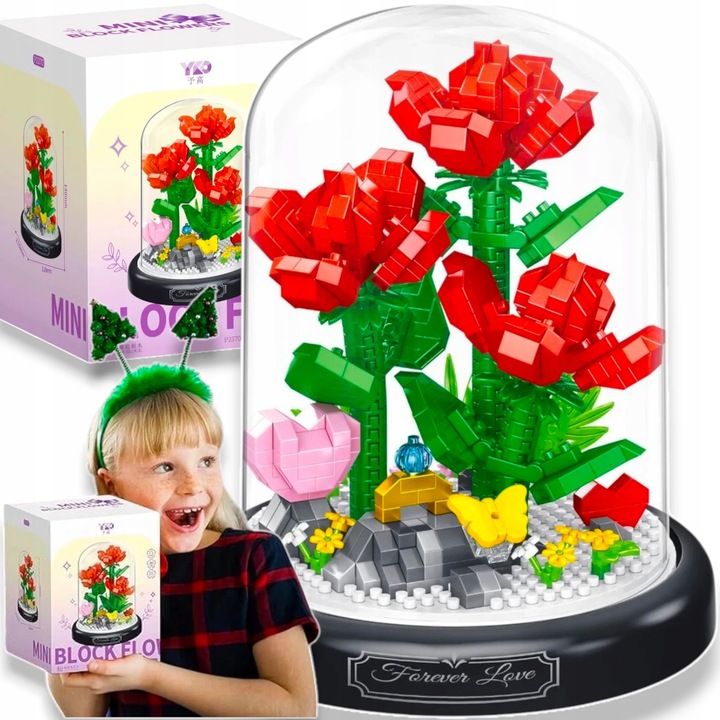 Комплект мини кубчета за изграждане Букет от червени рози под стъклен купол, 684 части, елегантна декорация, подарък за Свети Валентин, Деня на майката, 6+ години, CE EN71