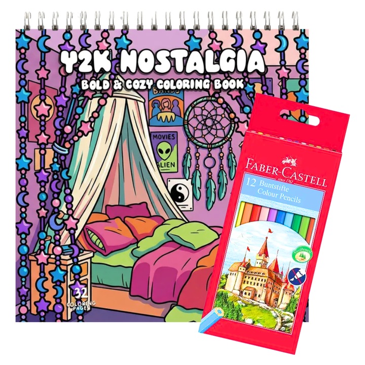 Carte de Colorat pentru Adulti Y2K Nostalgia – Antistres, 32 Pagini Carton 160 gsm + 12 Creioane Faber-Castell