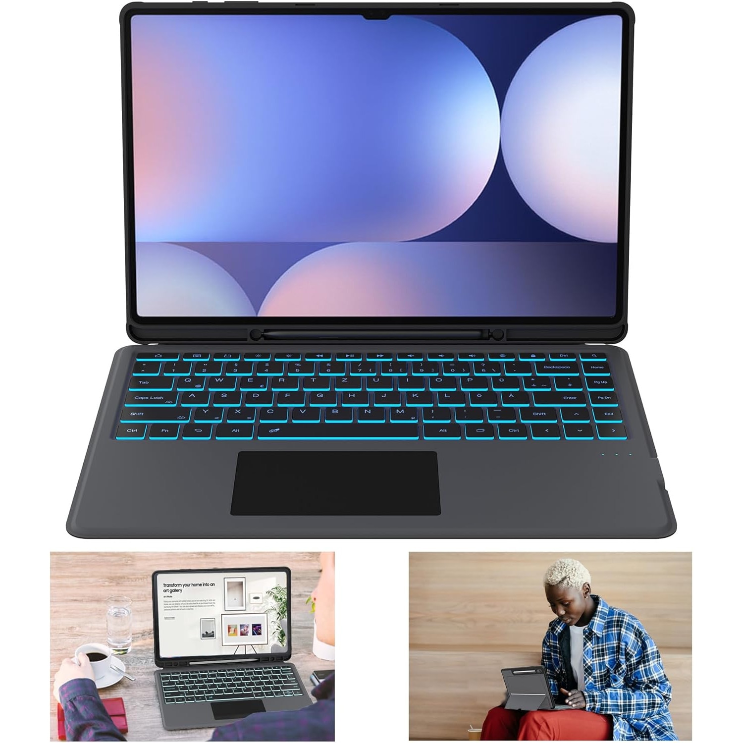Etui cu tastatura detasabila ROOFEI QWERTZ pentru Samsung Galaxy Tab S10/S9/S8 Ultra 14.6, trackpad, protectie solida, negru