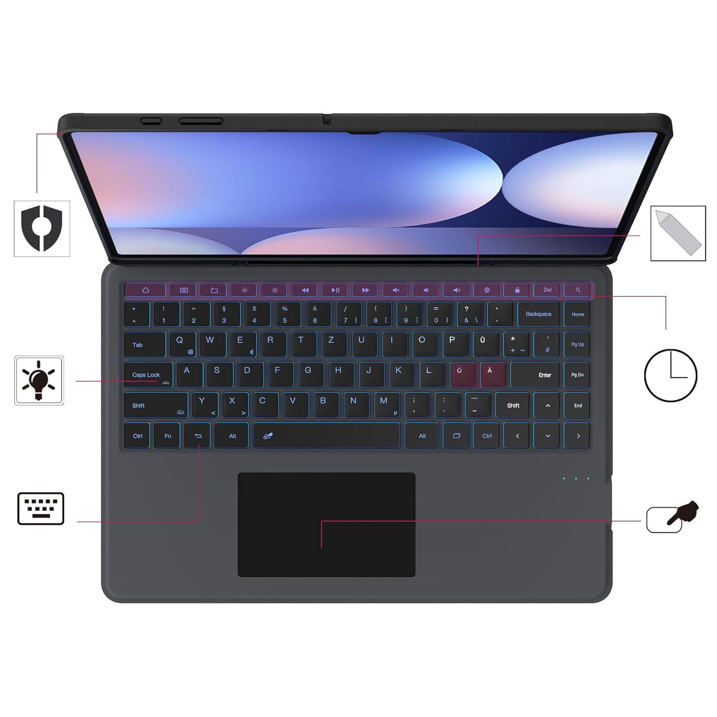 Etui cu tastatura detasabila ROOFEI QWERTZ pentru Samsung Galaxy Tab S10/S9/S8 Ultra 14.6, trackpad, protectie solida, negru
